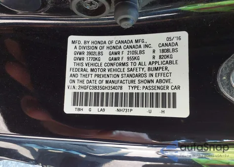 2016 Honda Civic Ex-T из США, поврежденный, VIN 2HGFC3B35GH354078